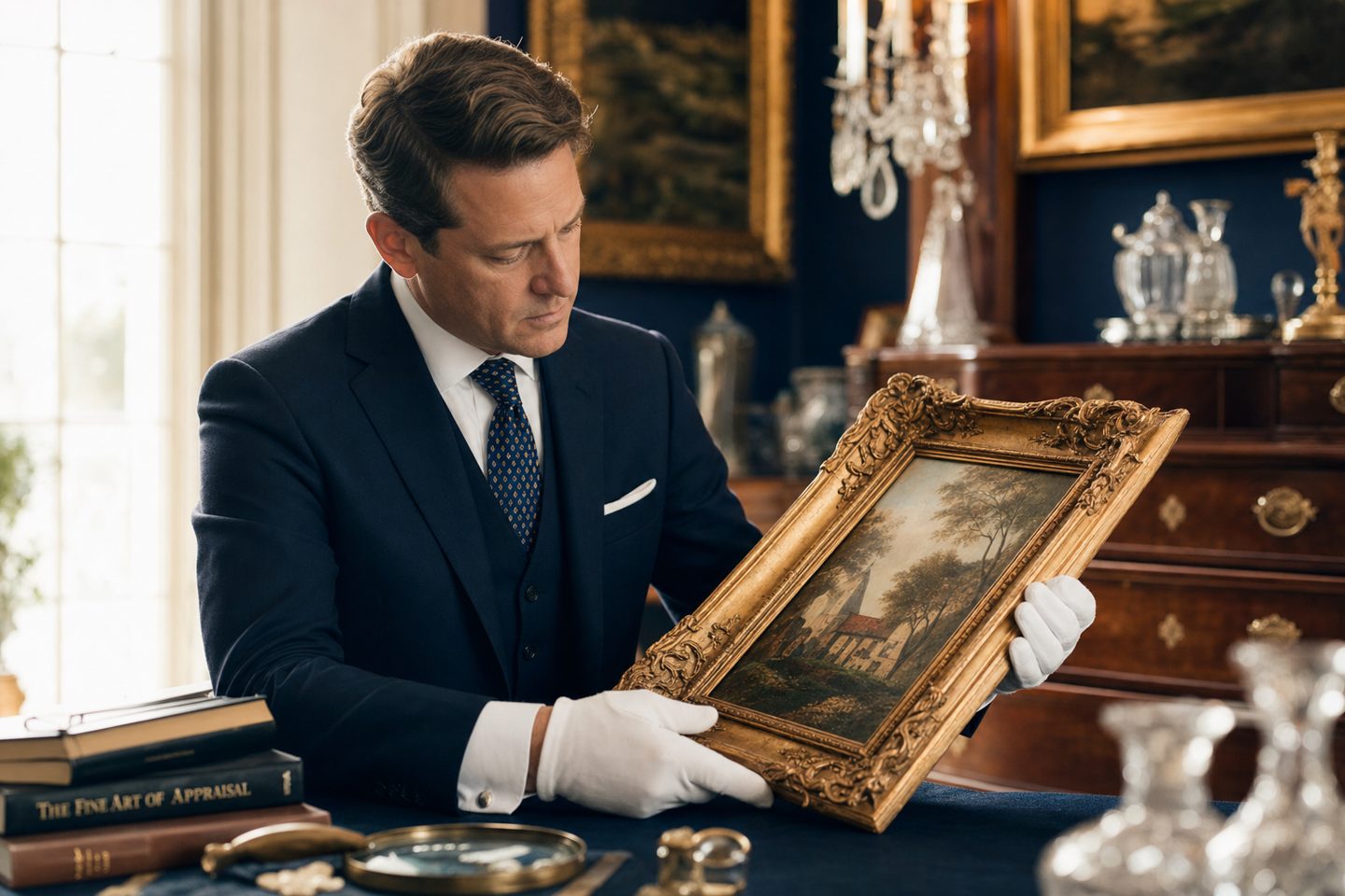 Estate appraiser examining fine art in a home setting