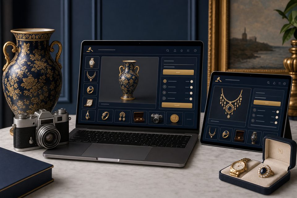 Online estate auction catalog browsed on a laptop with estate items