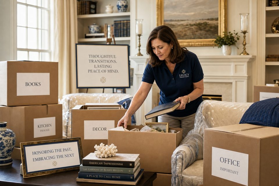 Professional organizer sorting and packing items during a downsizing move